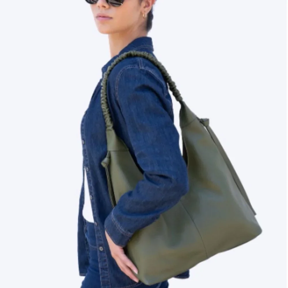Olive Green Leather Hobo Bag with Ruched Shoulder Strap